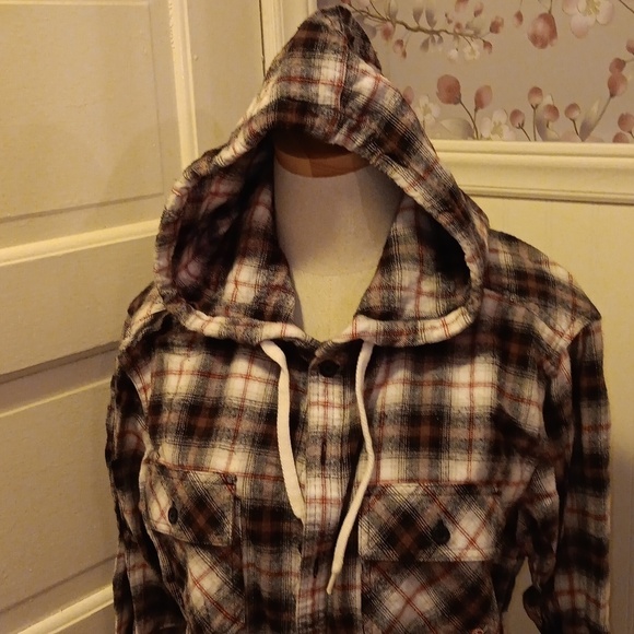Quiksilver large plaid flannel cotton hooded shirt - Picture 2 of 6